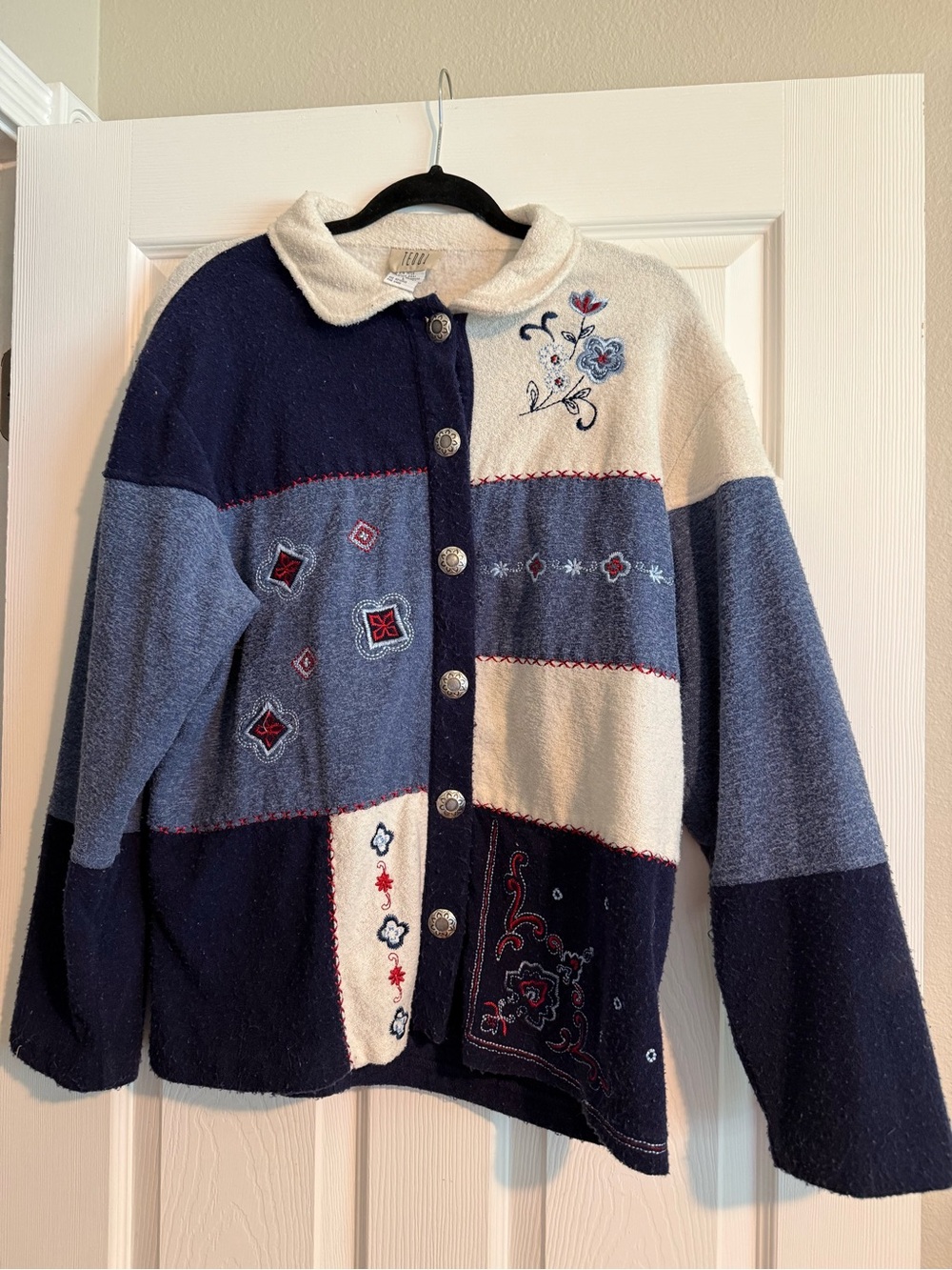 Vintage Teddi Embroidered Colorblock Teddy Jacket - Navy, Light Blue & Cream